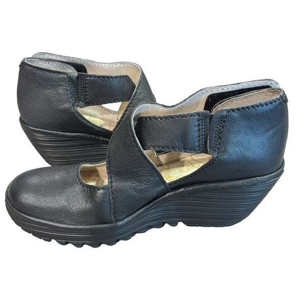 Fly London Black Leather Yogo Platform Criss Cross Wedges Women's Size 8-8.5 - Picture 12 of 12